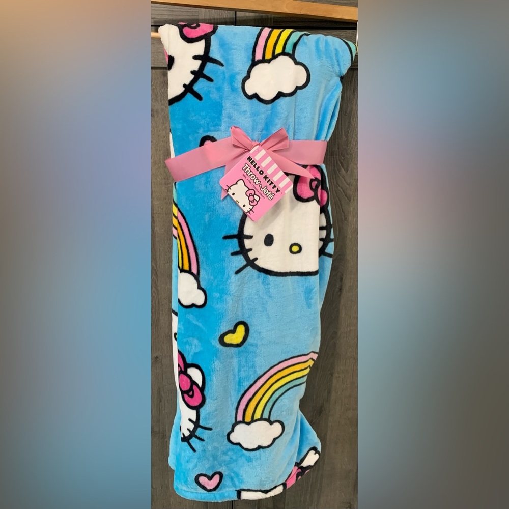 New Hello Kitty & Rainbows Bright Blue Plush 60 x 70 Throw Blanket With Tag
